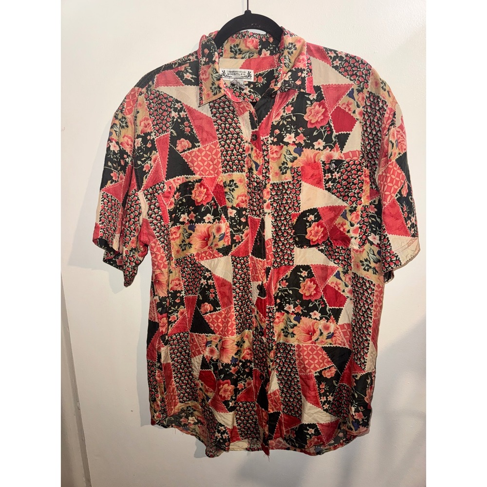Whistles Silk Patchwork Floral Button Down Shirt Red Black Cream Womens Medium